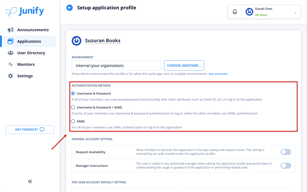 The settings for the new app, with choices for how members log in