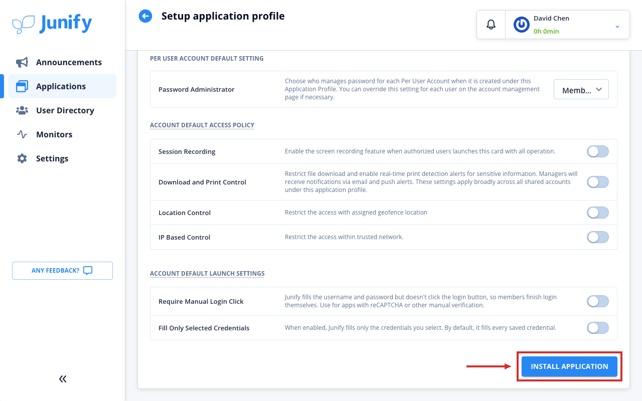 The bottom of the new app's settings, with switches for access and launch options