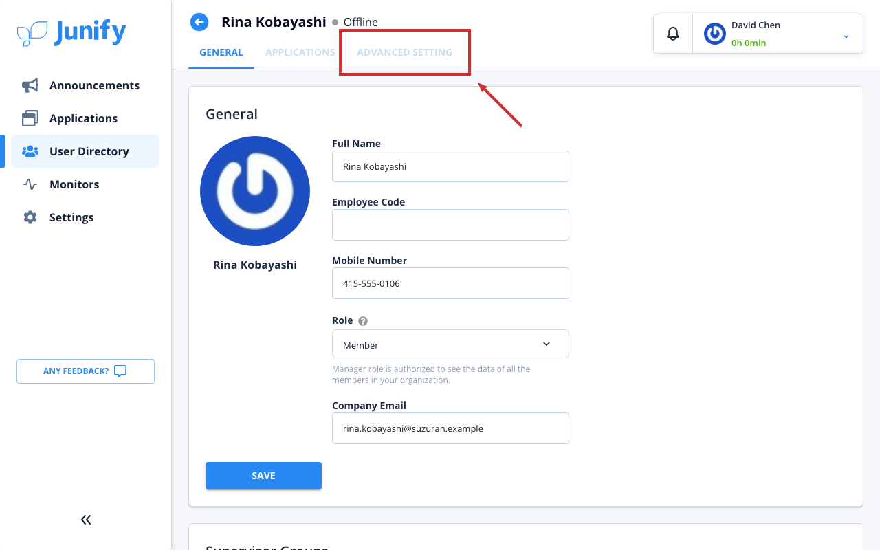 The person's page, showing their general details