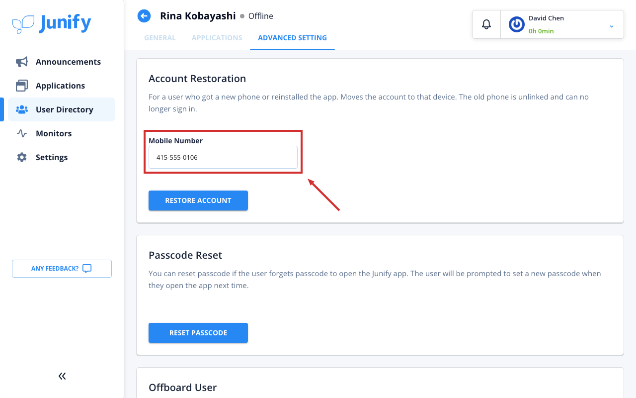The advanced settings of the person's page, with the section for restoring the account