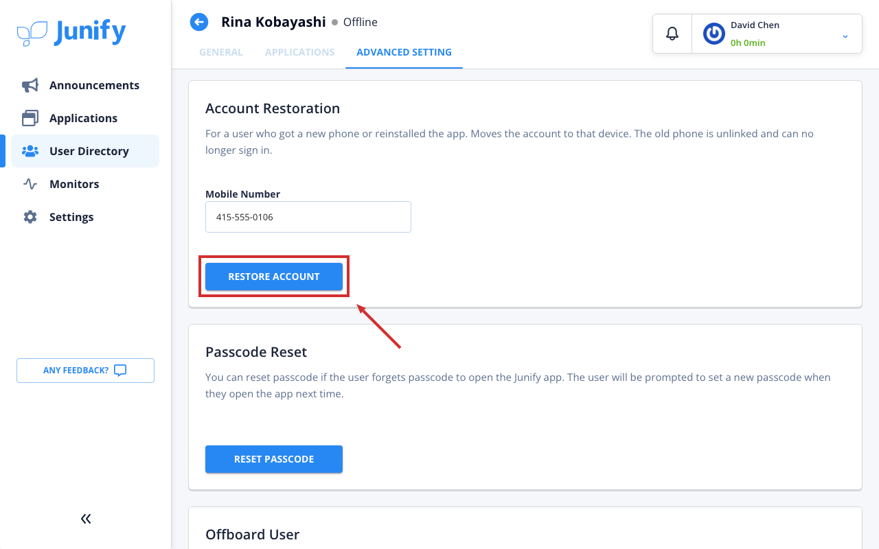 The section for restoring the account, with the mobile number filled in