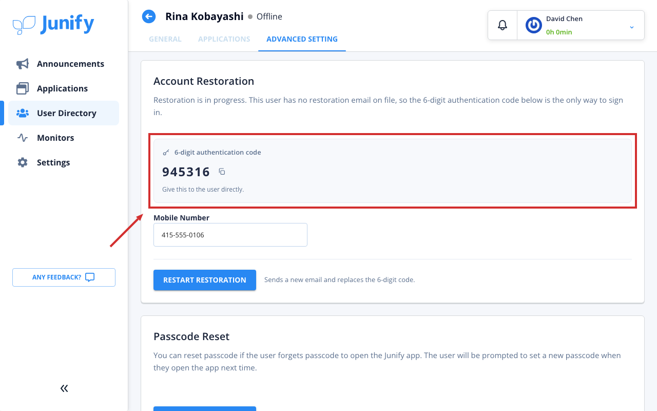The section for restoring the account, now showing a 6-digit code to give to the person
