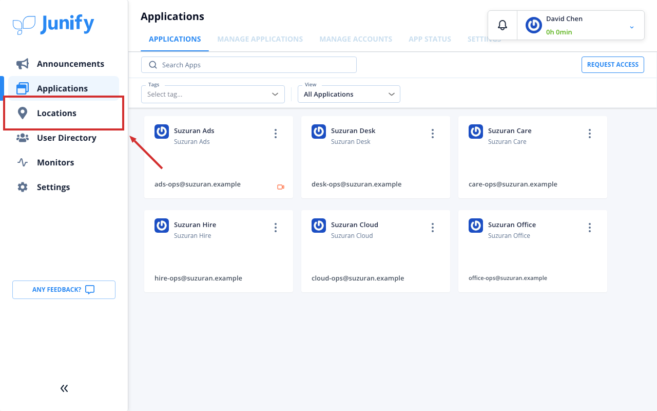The applications page, with the menu on the left