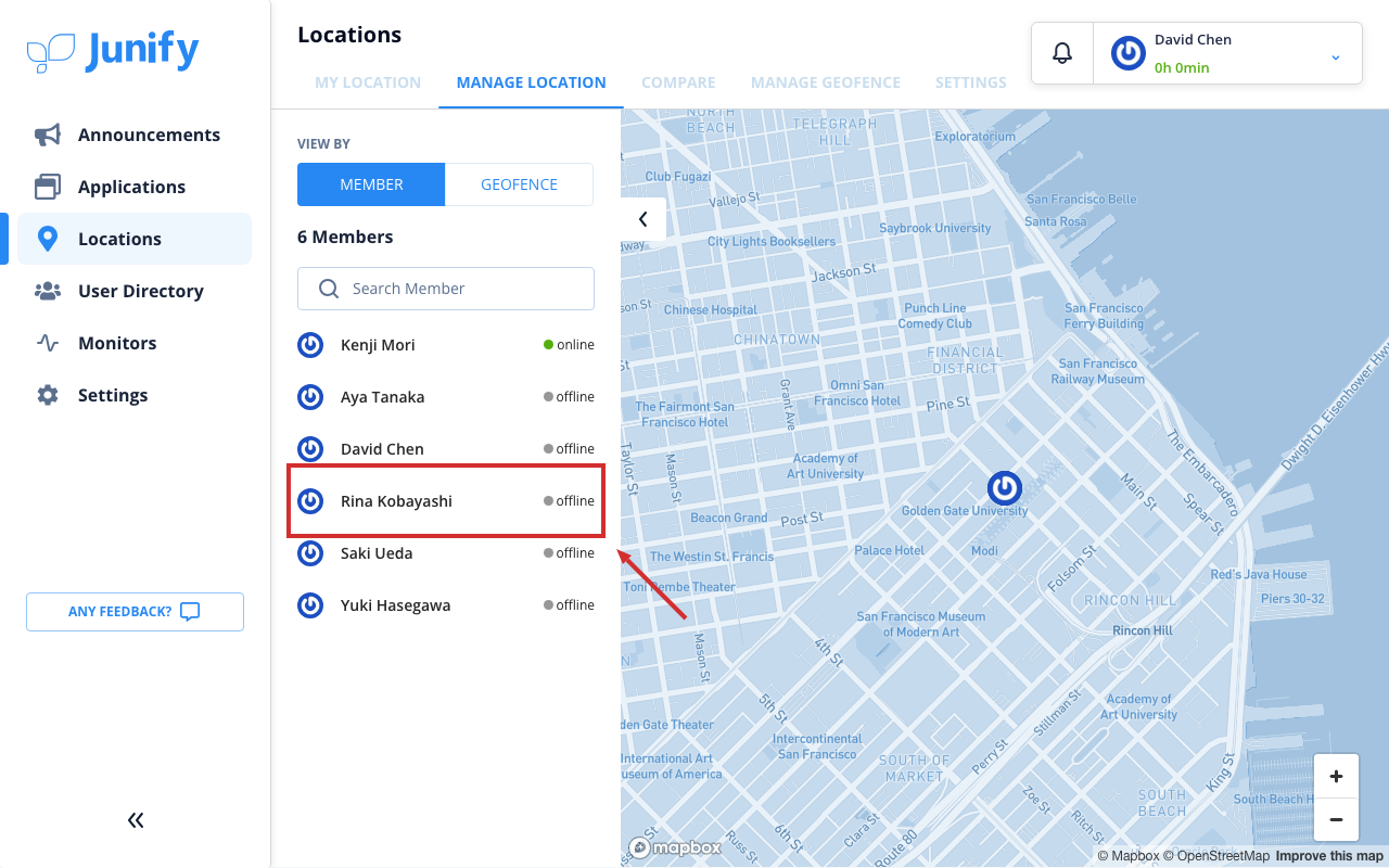 The members' locations page, with the list of members on the left and a map on the right