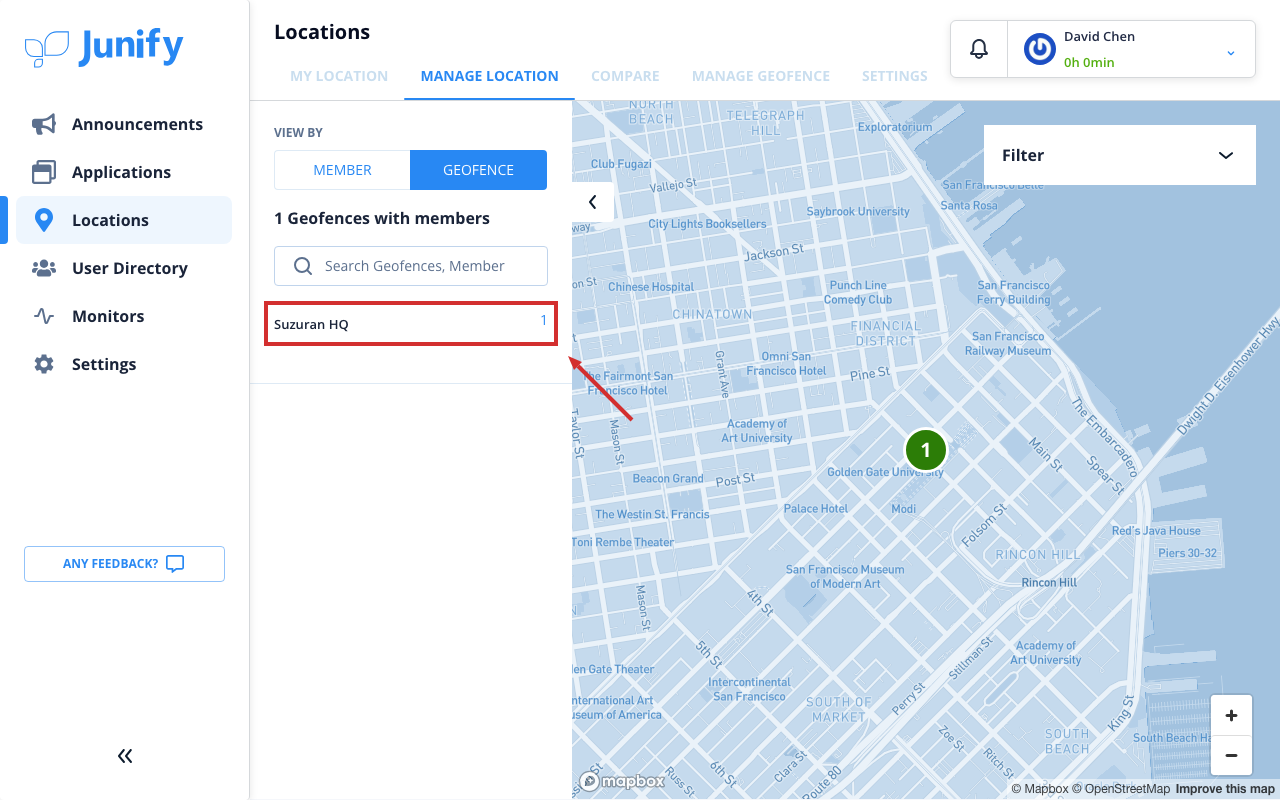 The list of geofences, with the number of members inside each one
