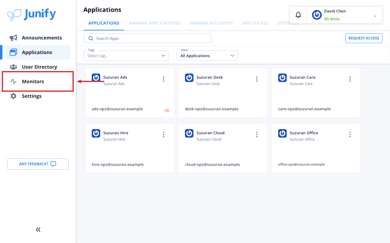The applications page, with the menu on the left