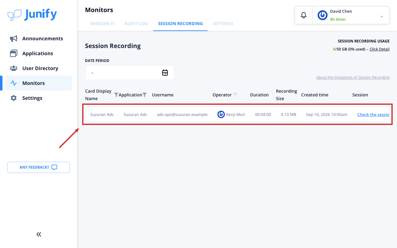 The list of session recordings, with one row for each recorded session