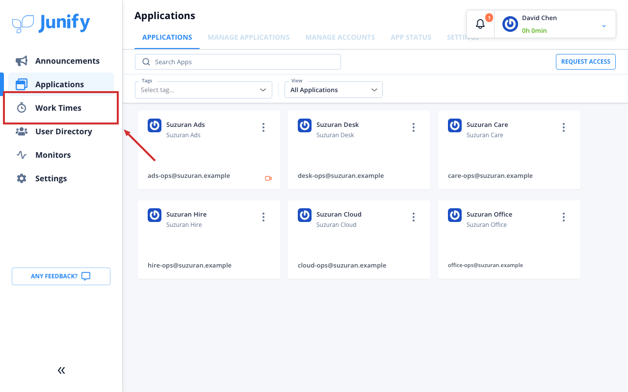The applications page, with the menu on the left
