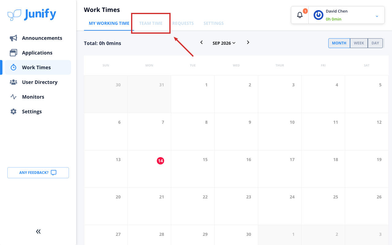 The Work Times page, showing your own calendar for the month, with tabs at the top