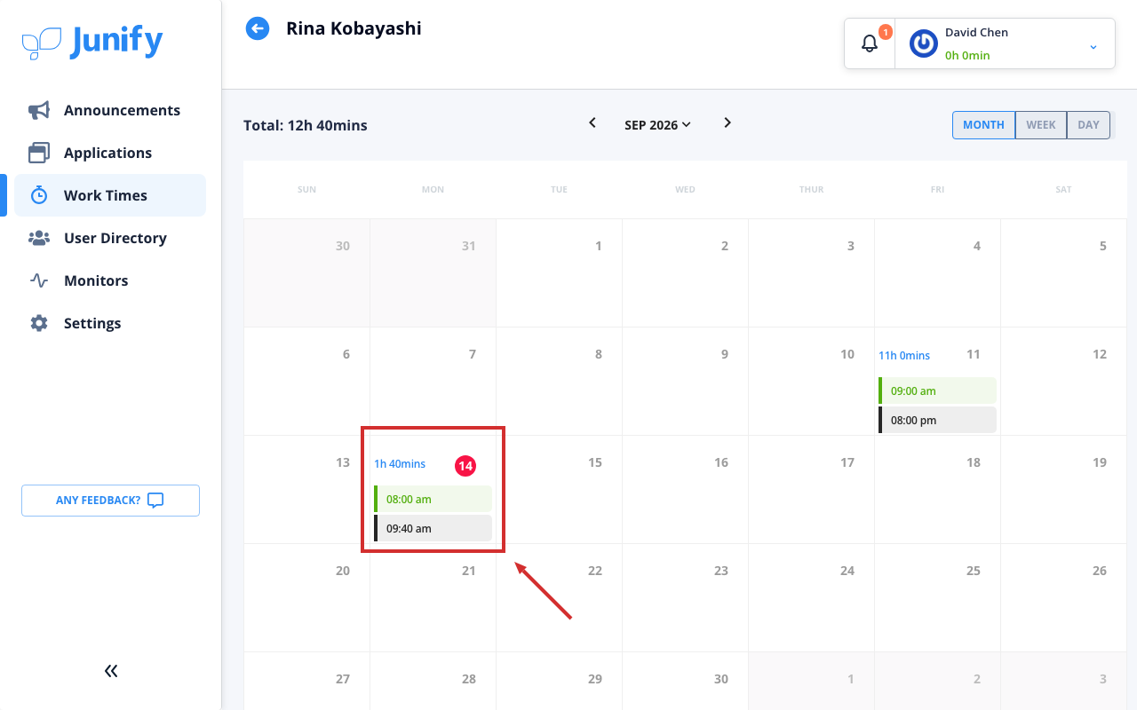 A member's calendar for the month, with start and end times on the days they worked
