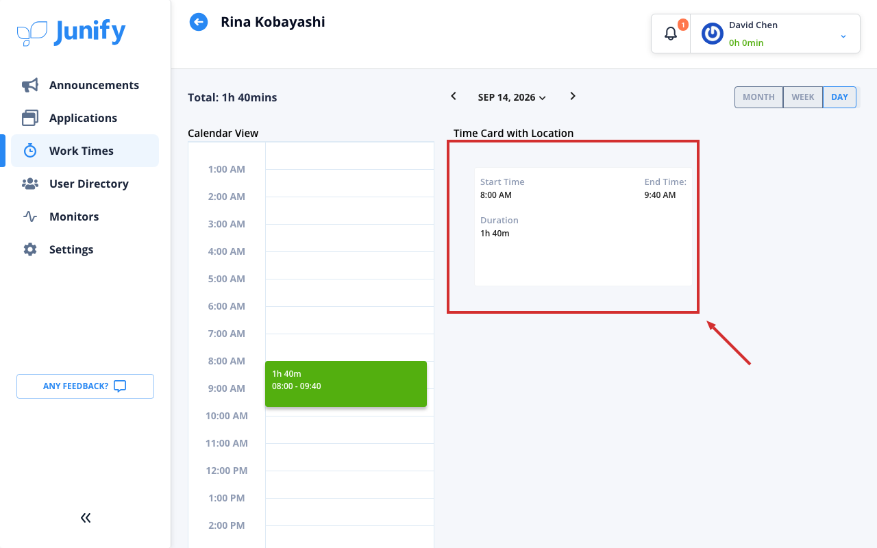 A member's record for one day, with the start time, end time, and how long they worked