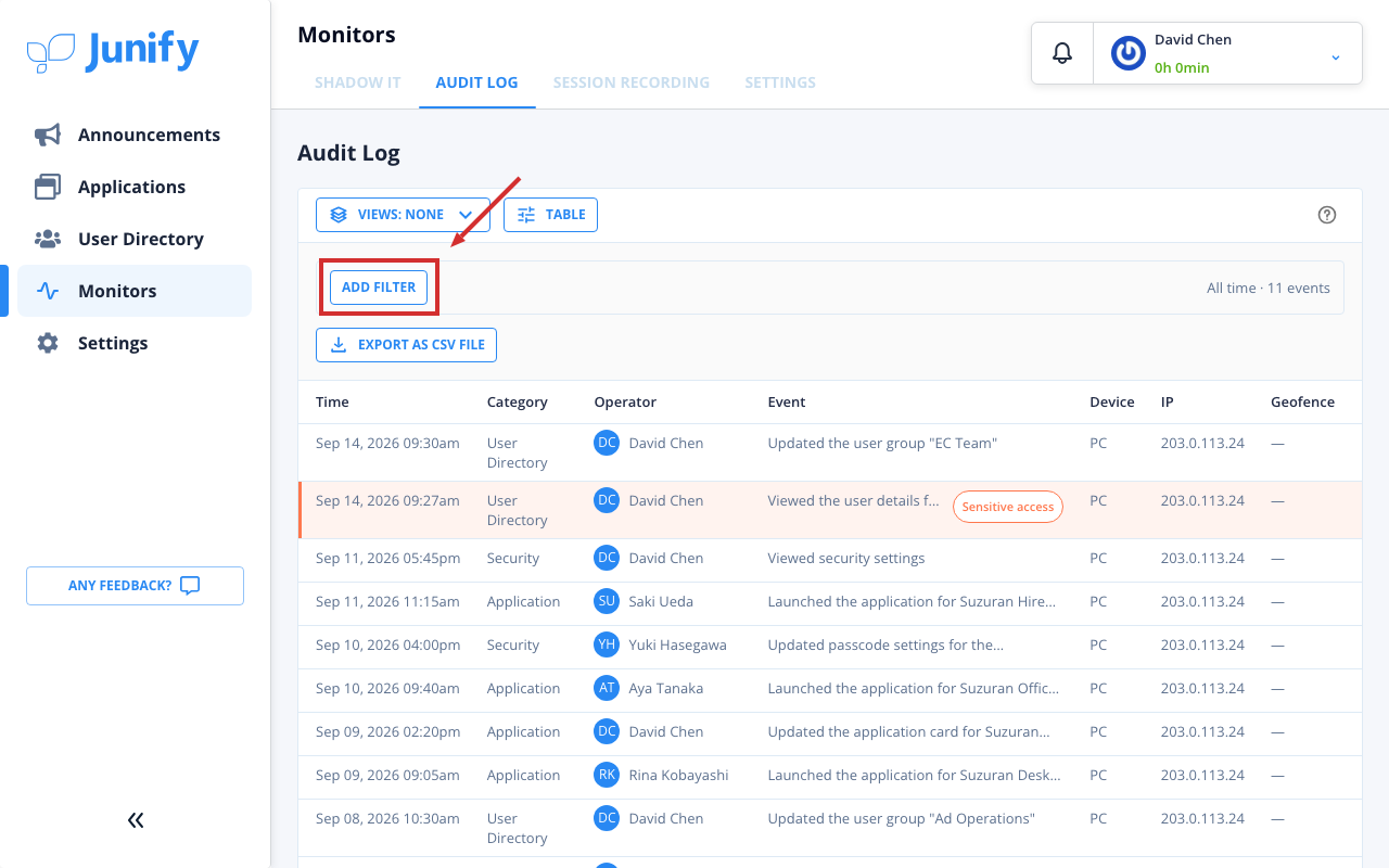 The audit log, with a button for adding filters above the list of entries