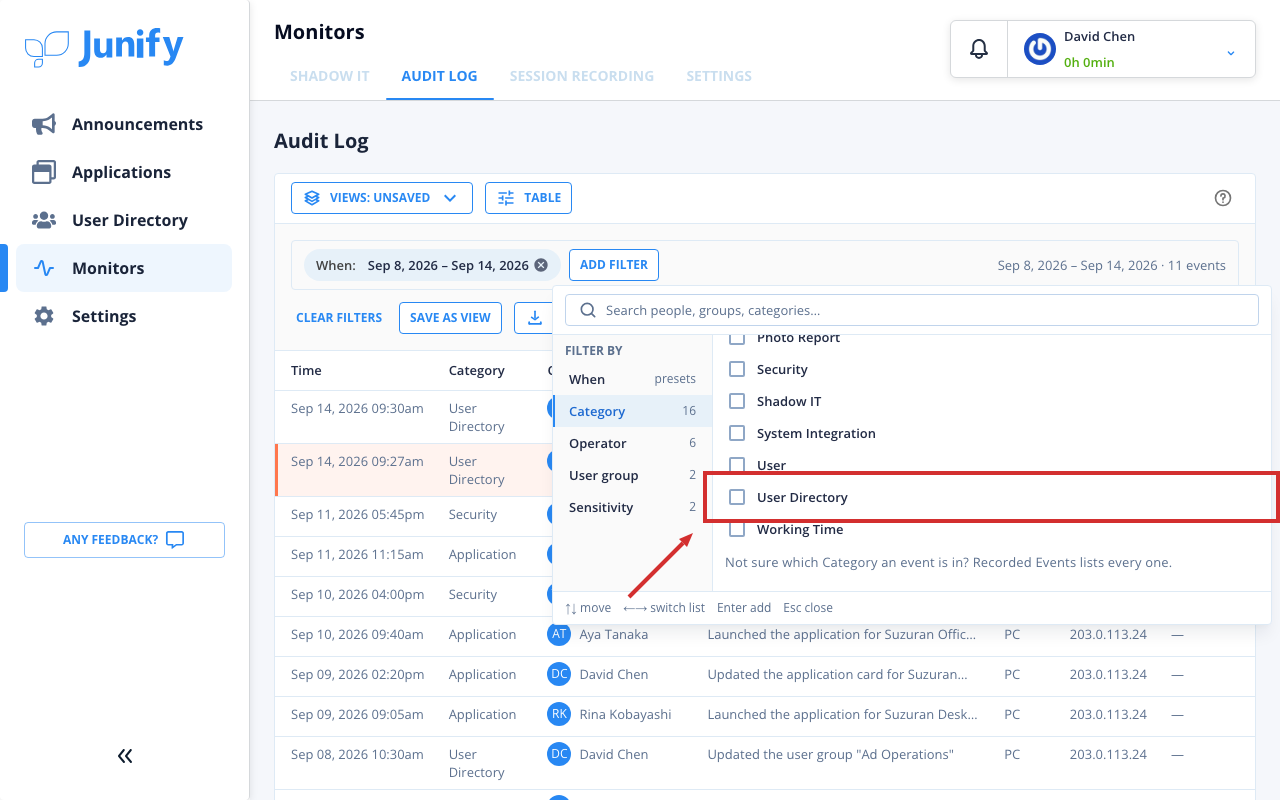 The filter panel, listing the categories with a checkbox for each