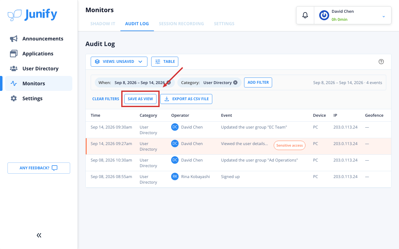 The audit log, with the chosen period and category shown above the list
