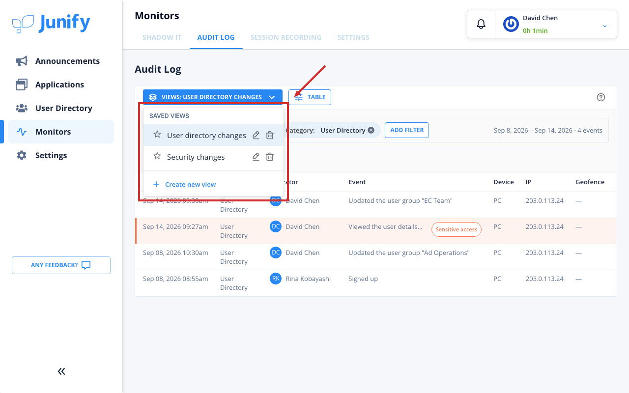 The audit log, with the list of saved views open under the views button