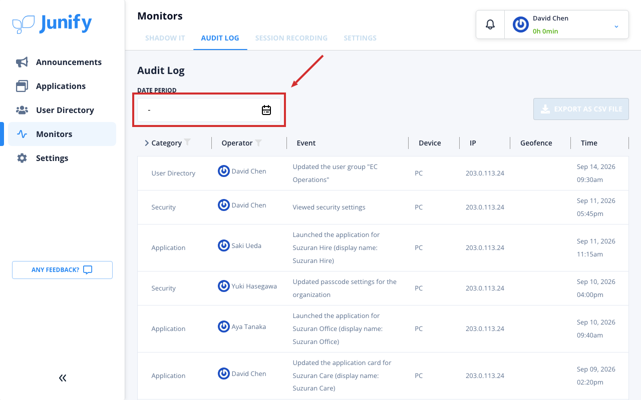 The audit log, with the date field above the list of entries
