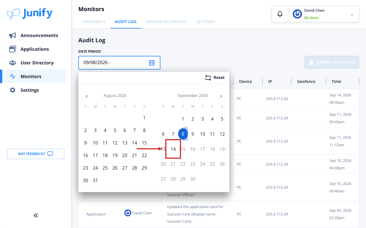 The calendar, with the first day of the period chosen