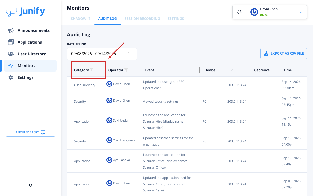 The audit log, with the chosen dates in the date field above the list