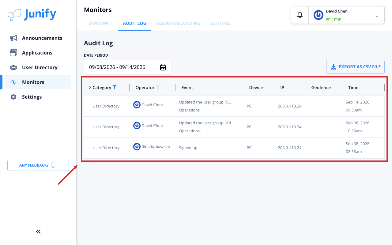 The audit log, showing only the entries of the chosen category and period