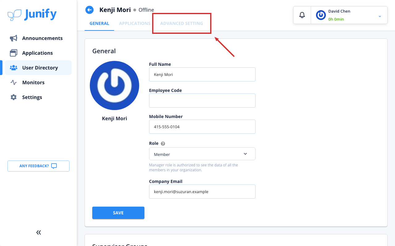 A member's details page, with tabs at the top