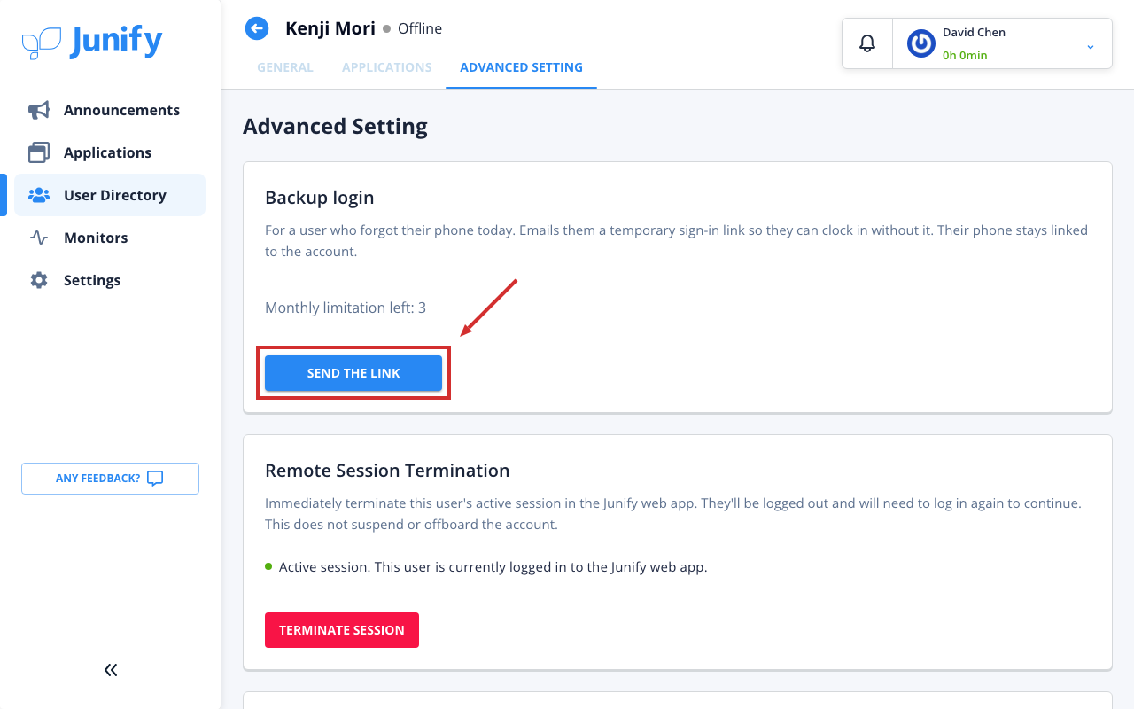 The member's advanced settings, with the backup login section at the top