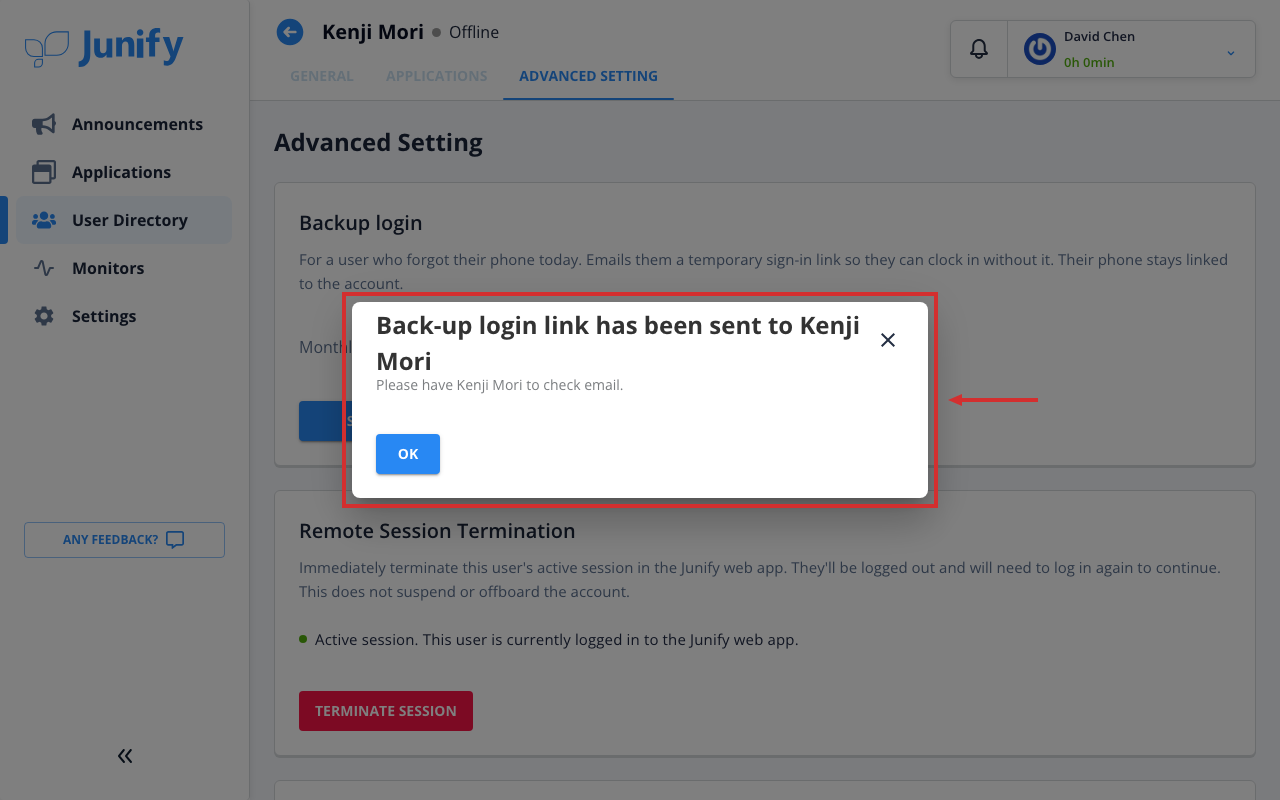 A message confirming that the backup login link has been sent