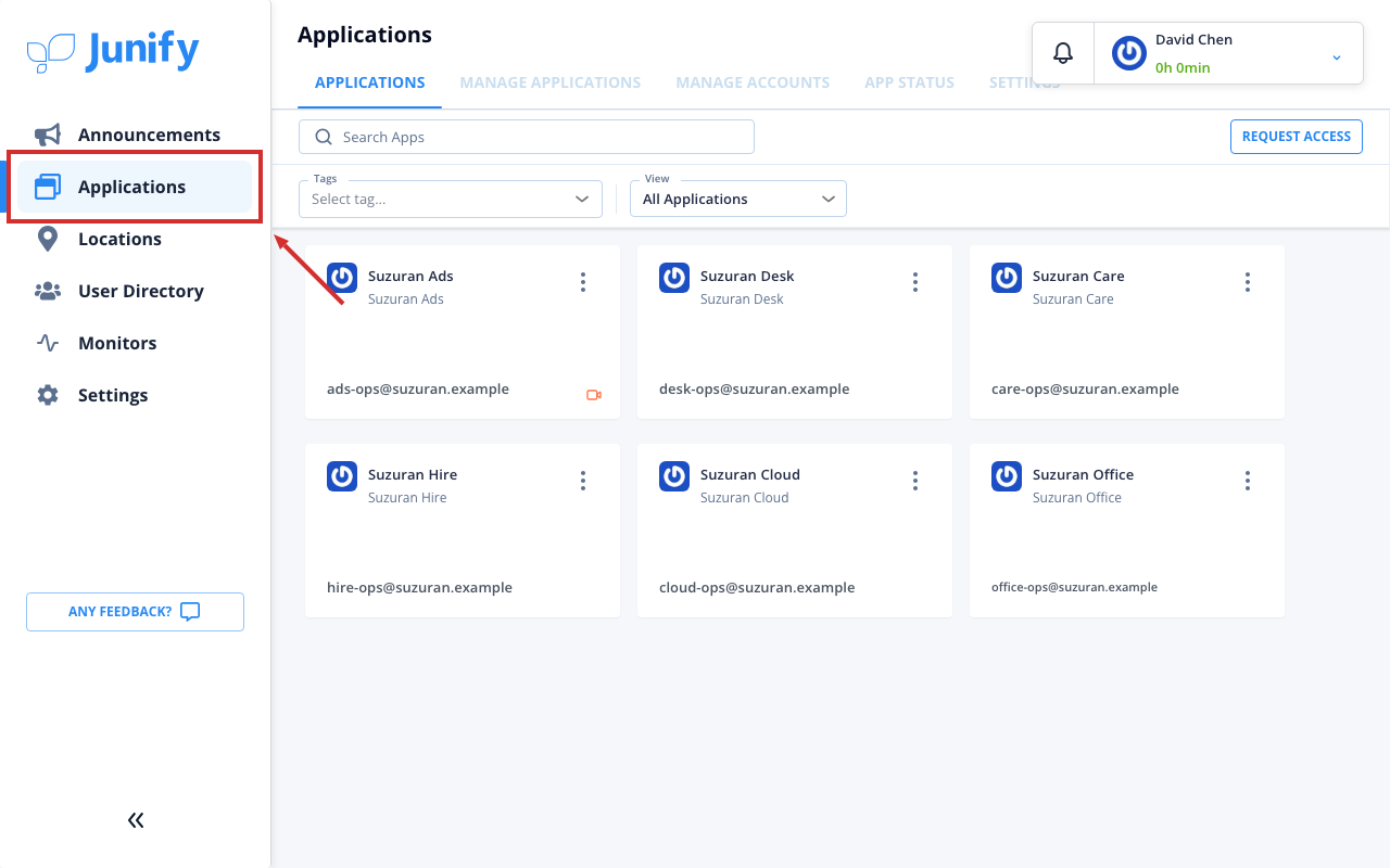The applications page, with the menu on the left