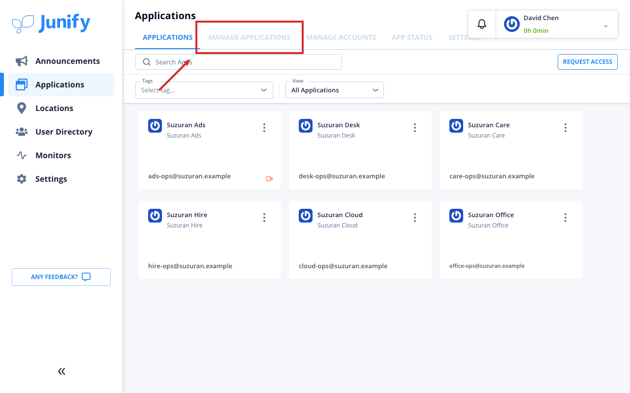The applications page, with its tabs at the top