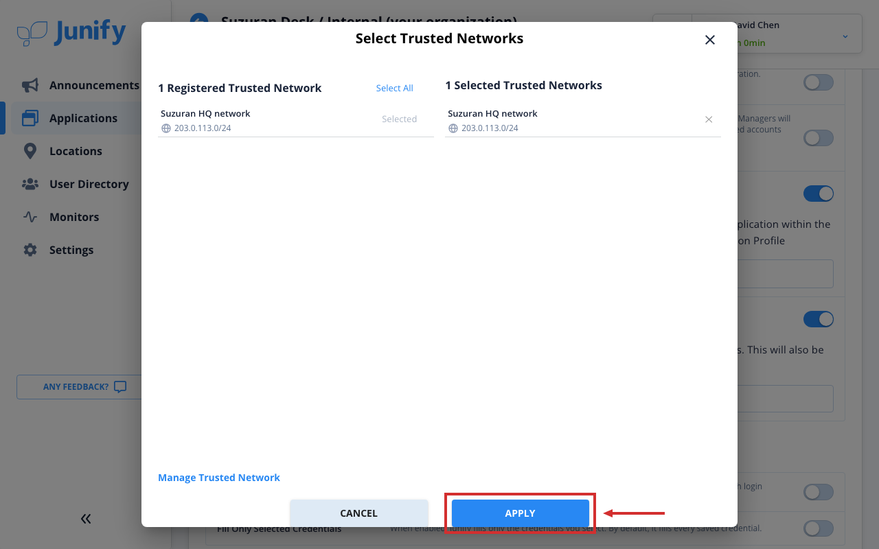 The same window, with one network picked and shown on the right