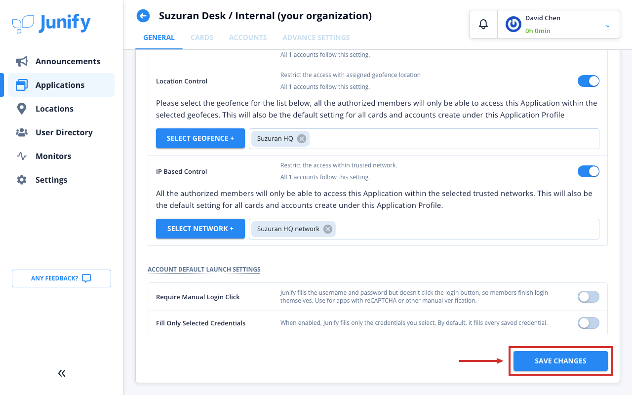 The bottom of the app's page, with the place and network you picked