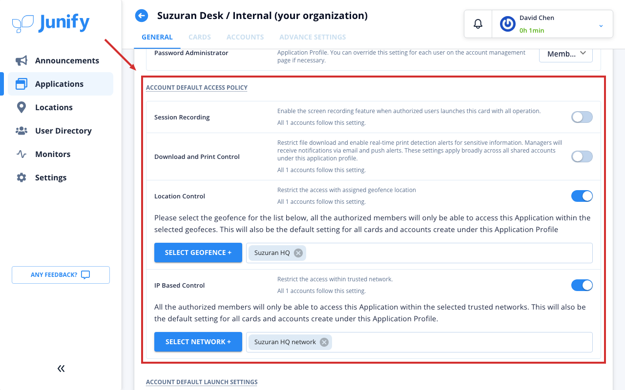 The app's access settings, with the location and network switches turned on