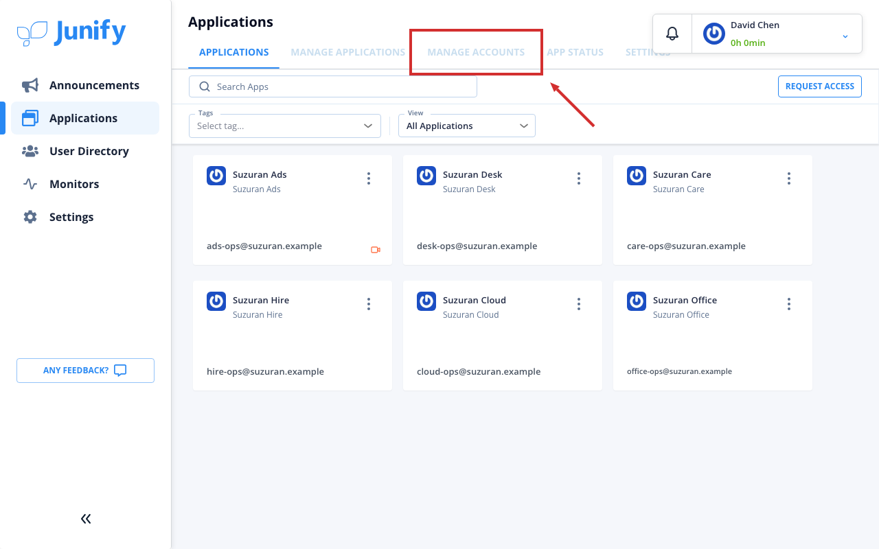 The applications page, with its tabs at the top