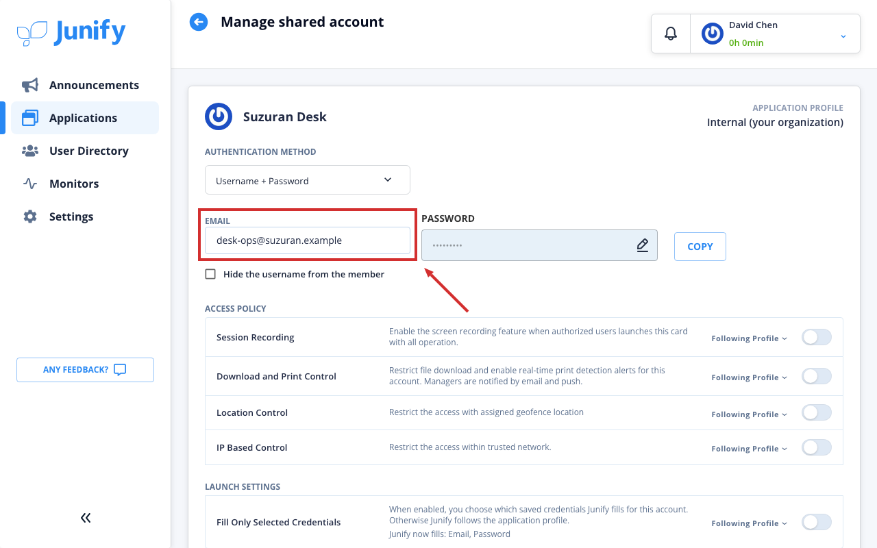 The page for a shared account, with fields for its login ID and password