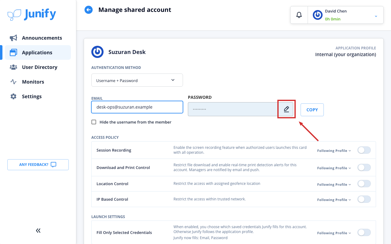 The page for a shared account, with the password hidden