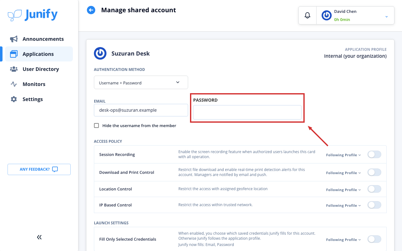The page for a shared account, with an empty password field