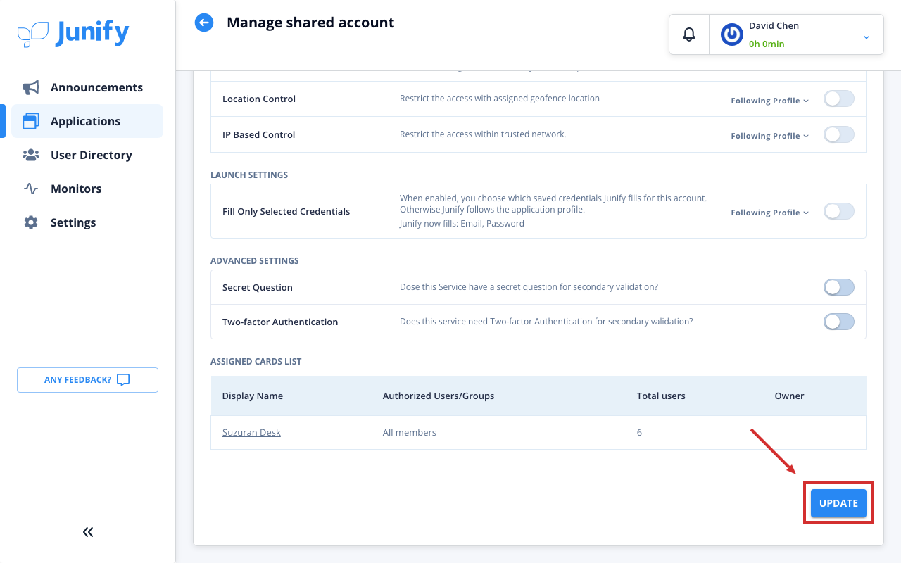 The bottom of the page for a shared account, with the cards that use it