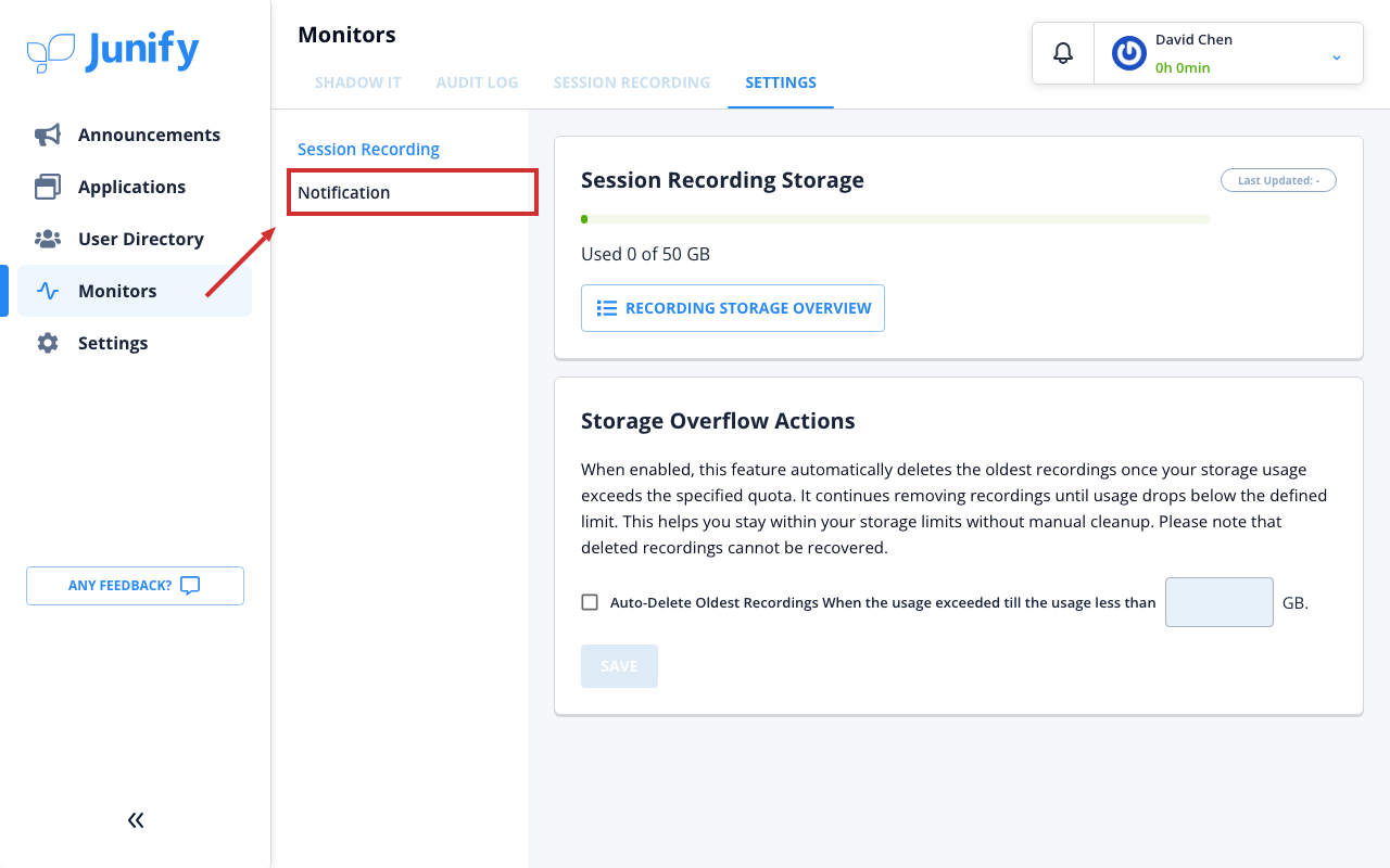 The settings tab of Monitors, showing the storage settings for session recordings