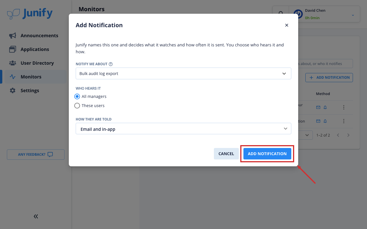 The window with the chosen notification, set to tell all managers by email and in the app