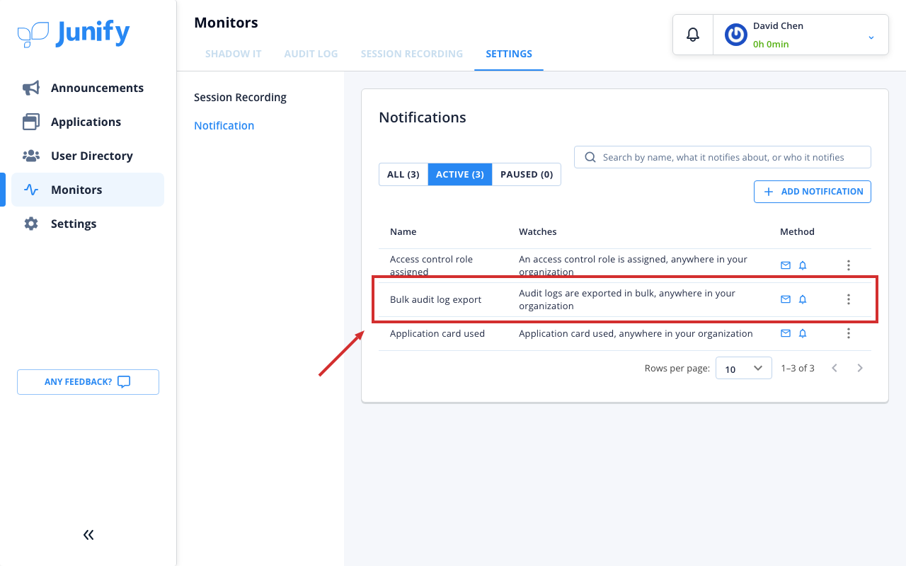 The list of notifications, now including the one you added