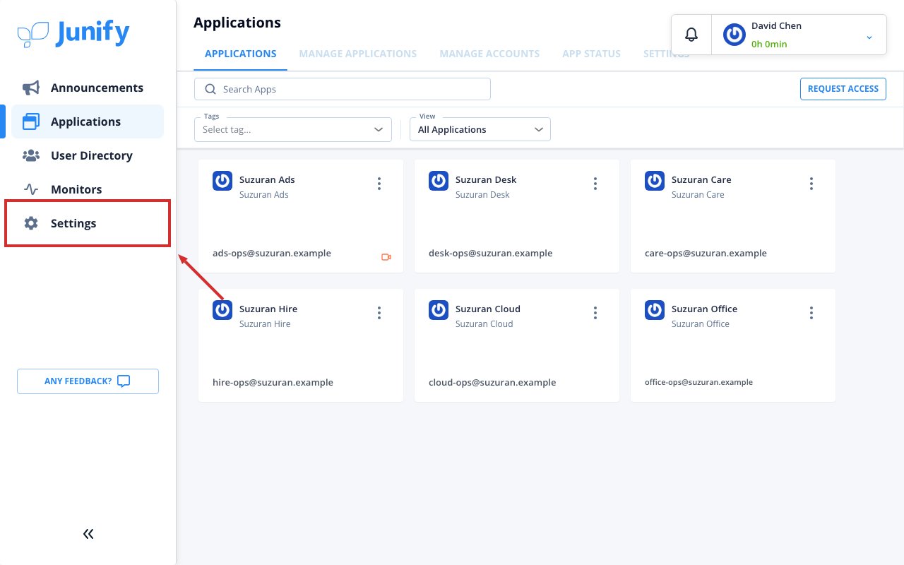The applications page, with the menu on the left