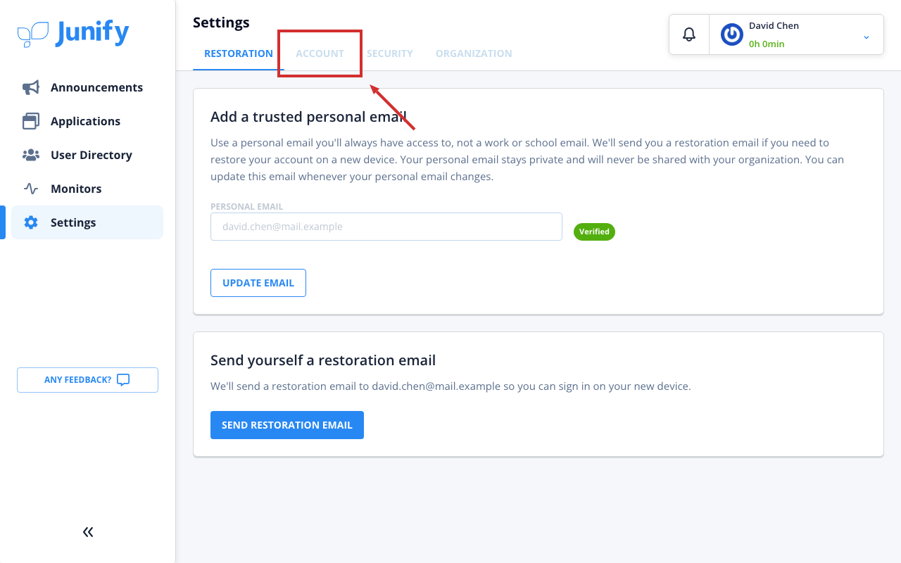 The settings page, with its tabs at the top