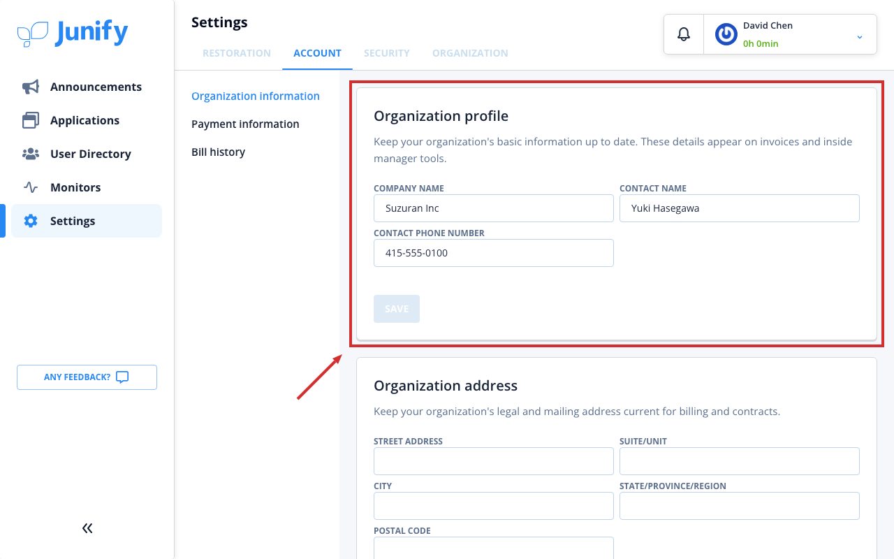 The account tab, with your organization's name and contact details at the top
