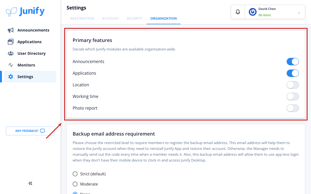 The organization tab, with a switch for each feature