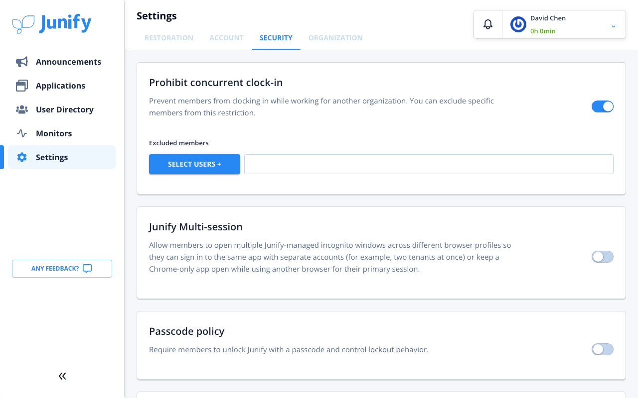The security tab, listing security settings, with switches on the right
