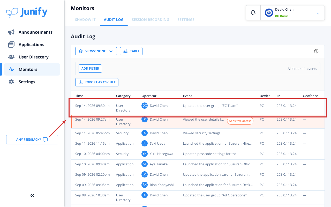 The audit log, with one row for each entry