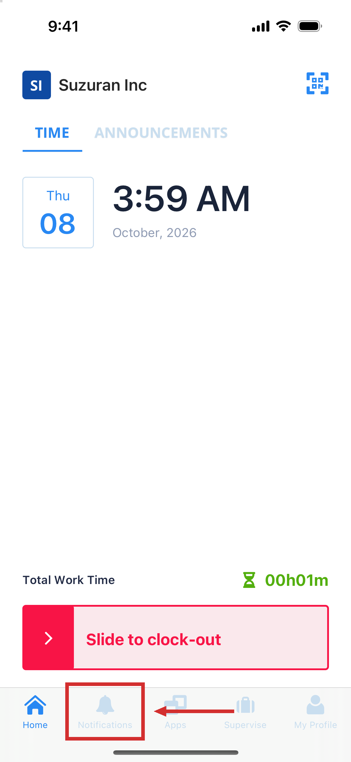 The app's home screen, with tabs along the bottom