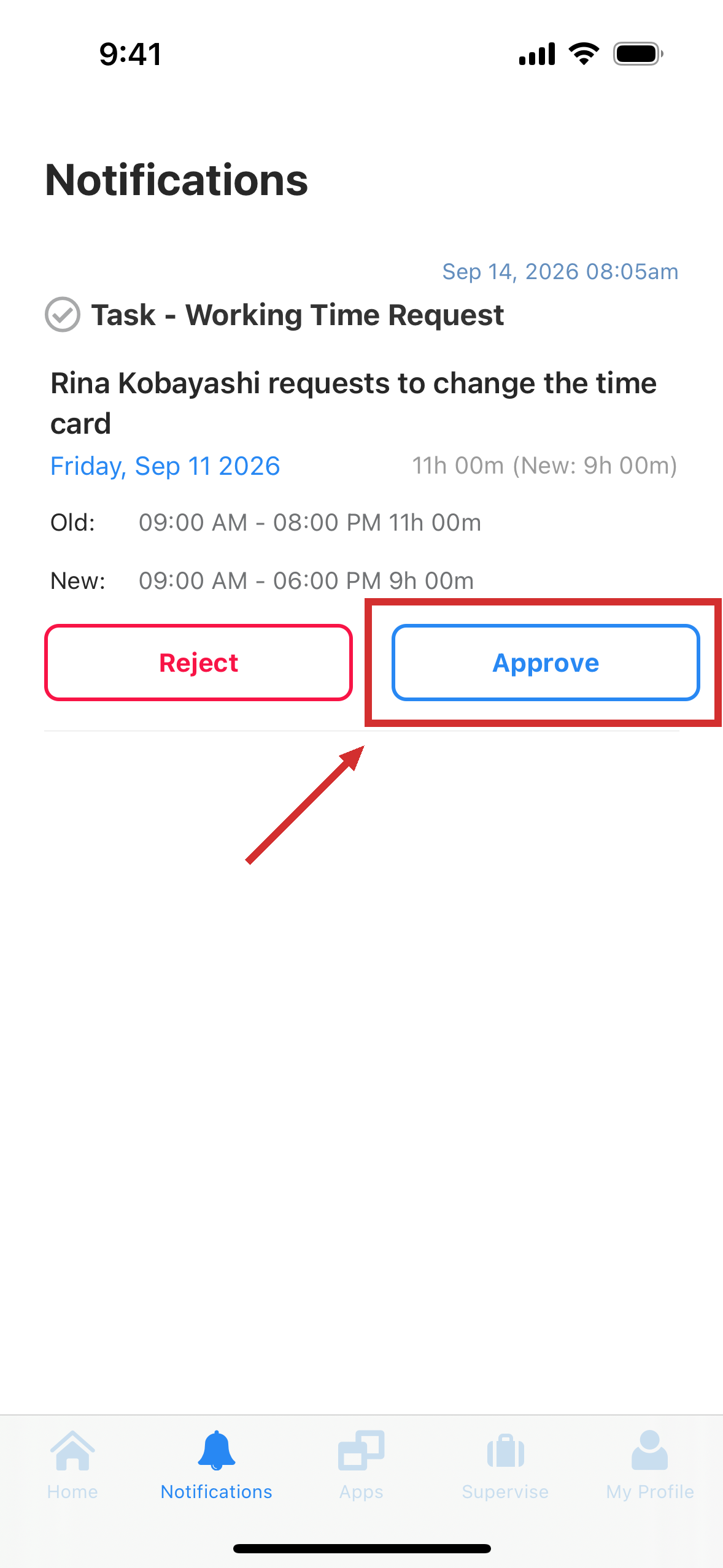 The notifications screen, with a request to change work hours and buttons to reject or approve it