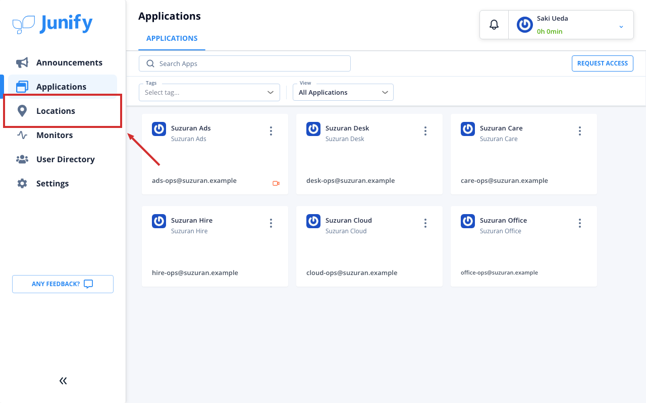 The applications page, with the menu on the left