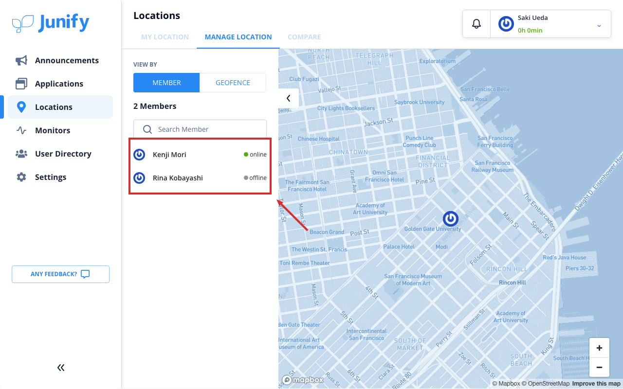 The members' locations page, listing the members of the groups you lead