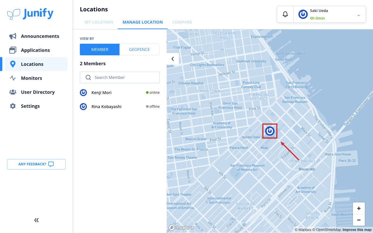 The members' locations page, with a working member's marker on the map